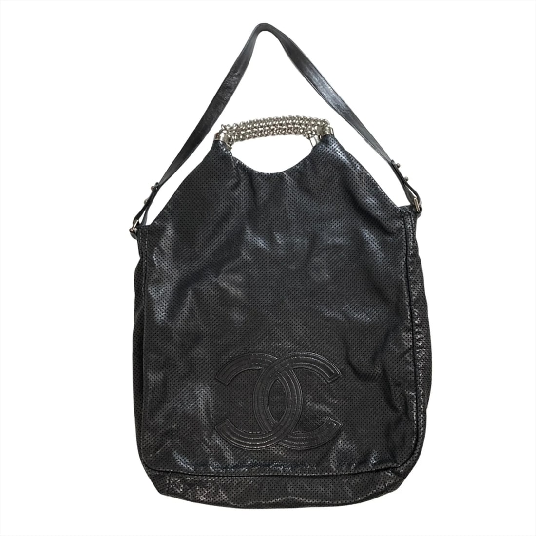 CHANEL COCO MARK HANDBAG 2WAY PERFORATED LEATHER: Chanel Coco Mark Handbag 2WAY Perforated Leather Brand: Chanel Type/Style: Handbag Material: Leather Color: Black, Metallic Size: (HxWxD) 39cm x 43cm x 10cm / 15.35inch x 16.92inch x 3.93inch