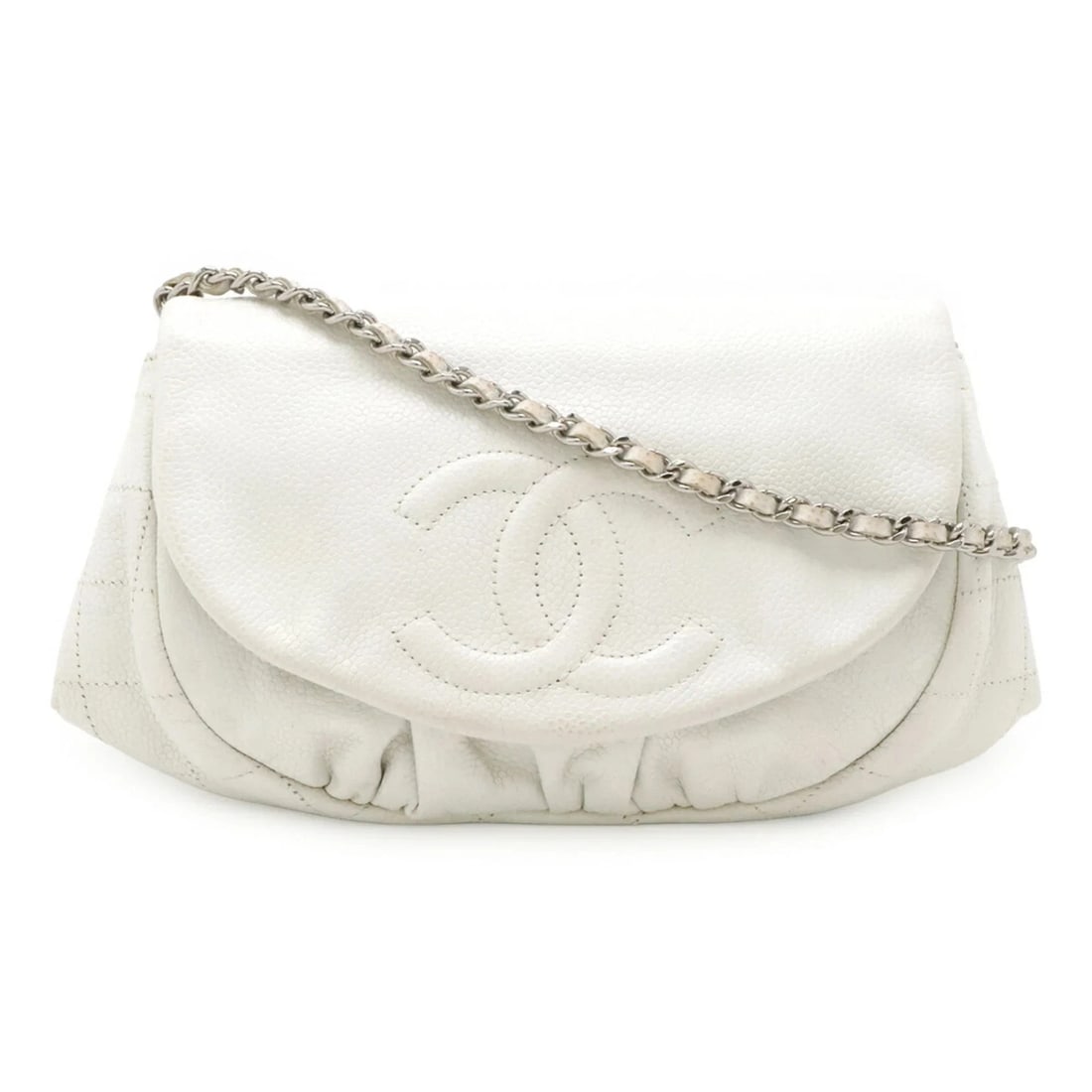 CHANEL HALF MOON COCO MARK WALLET CHAIN SHOULDER BAG: CHANEL Half Moon Coco Mark Wallet Chain Shoulder Bag Brand: Chanel Type/Style: Pochette, Shoulder bag Material: Grained Calfskin Color: White Size: (HxWxD) 14.5cm x 3cm / 5.7inch x 1.18inch Access