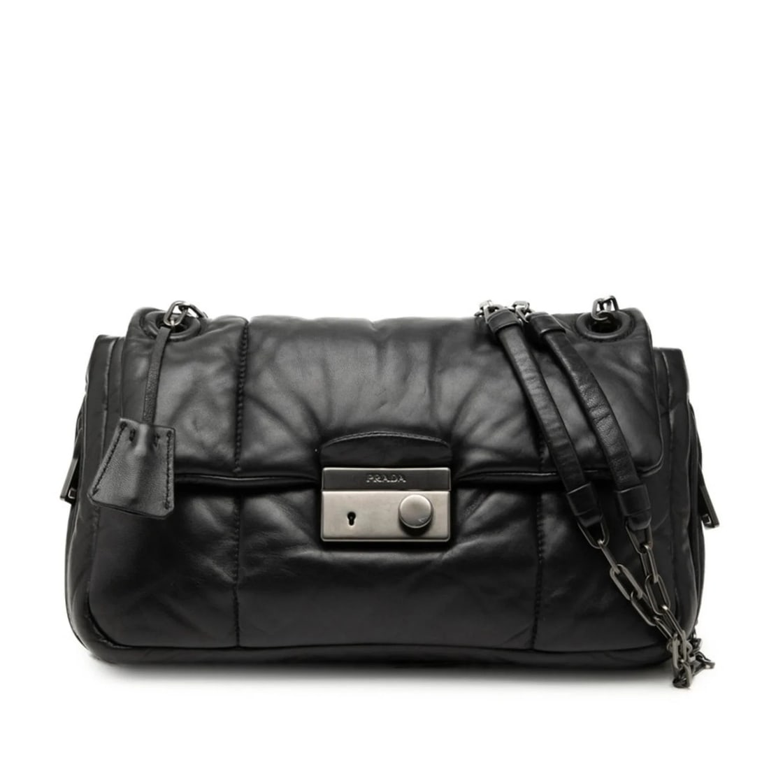 PRADA NAPPA BOMBER CHAIN SHOULDER BAG, BLACK: Prada Nappa Bomber Chain Shoulder Bag, Black Brand: Prada Type/Style: Shoulder bag Material: Leather Color: Black Size: (HxWxD) 17cm x 28cm x 9cm / 6.69inch x 11.02inch x 3.54inch Accessories: Non