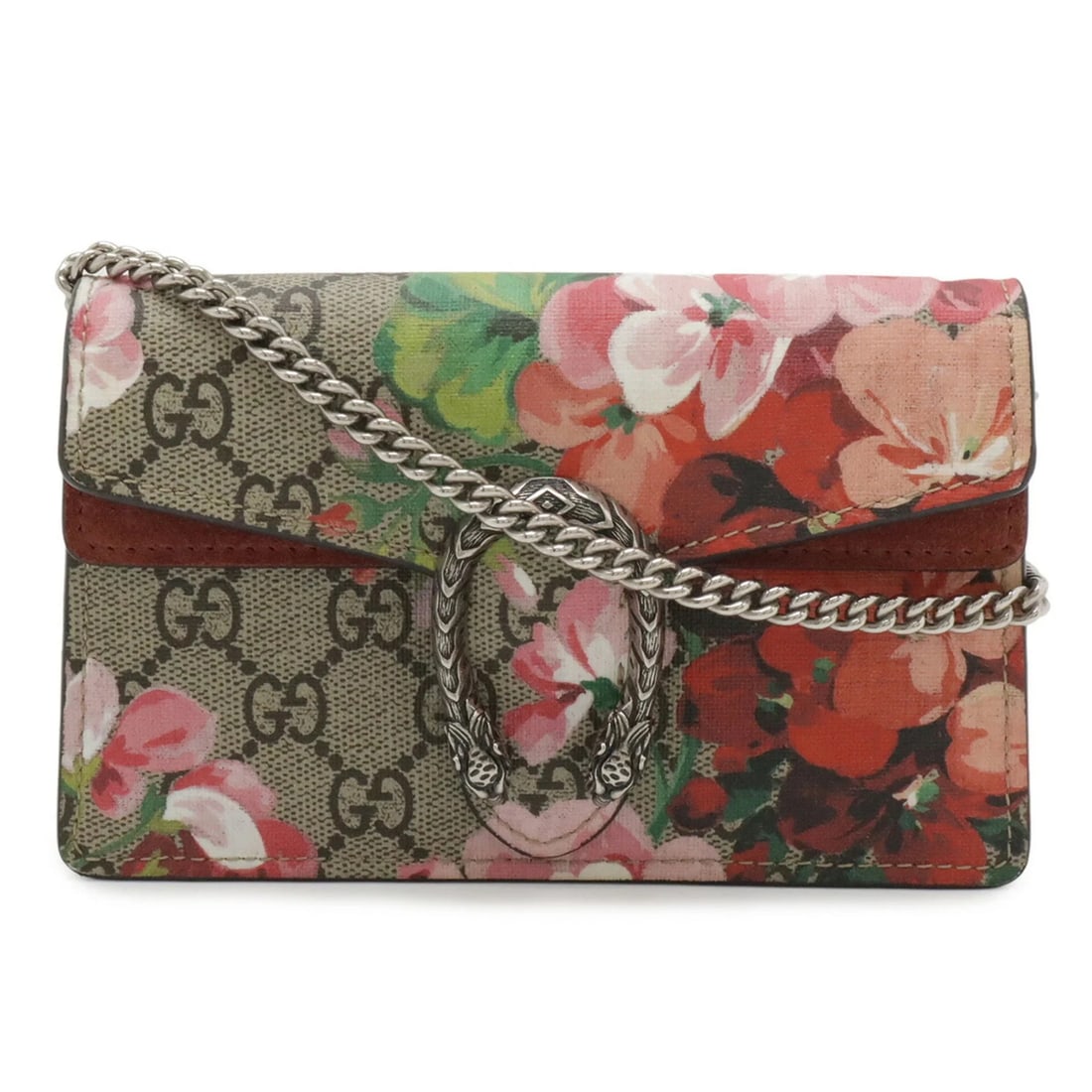 GUCCI DIONYSUS GG BLOOMS SUPER CHAIN SHOULDER BAG: GUCCI Dionysus GG Blooms Super Chain Shoulder Bag Brand: Gucci Type/Style: Shoulder bag Material: GG Supreme , Suede , Leather Color: Beige, Multi-color, Pink Size: (HxWxD) 10.5cm x 16.5cm x 4cm / 4.1