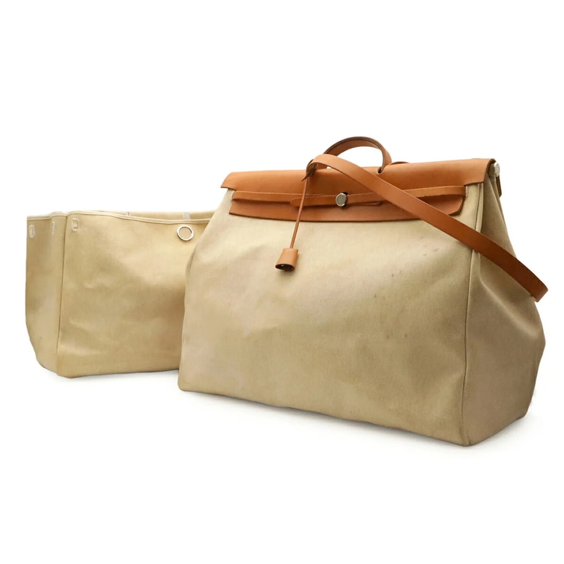HERMES HERBAG TGM HANDBAG/SHOULDER BAG: HERMES Herbag TGM handbag/shoulder bag Brand: Hermes Type/Style: Handbag, Shoulder bag Material: Toile officier , Leather Color: Light brown, Natural Size: (HxWxD) 43cm x 52cm x 26cm / 16.92inch x 20.