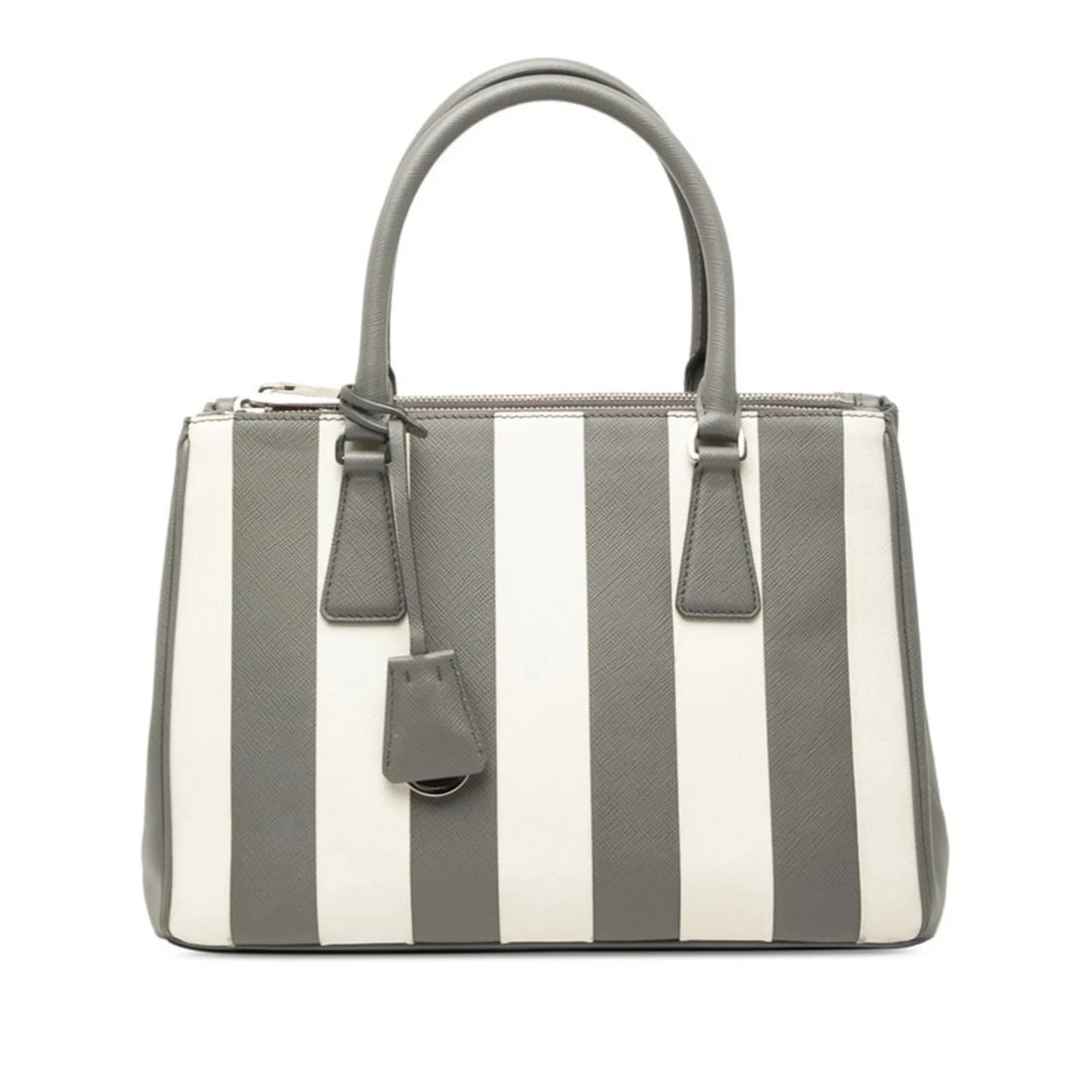 PRADA GALLERIA MEDIUM STRIPED HANDBAG: Prada Galleria Medium Striped Handbag Brand: Prada Type/Style: Handbag Material: Leather Color: Gray, White Size: (HxWxD) 20cm x 28cm x 12cm / 7.87inch x 11.02inch x 4.72inch Accessories: None