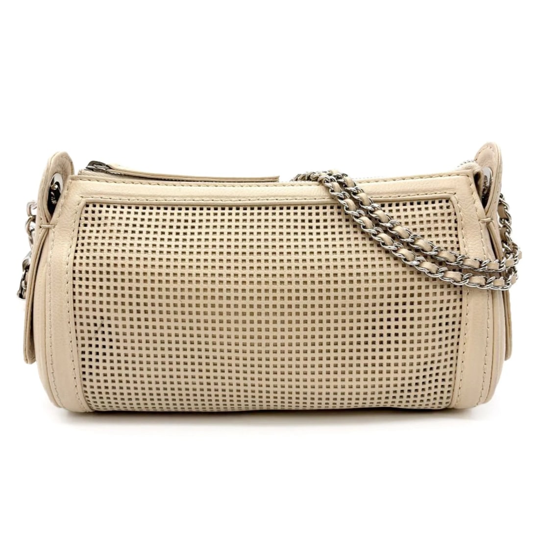CHANEL PERFORATED PULLEY CHAIN SHOULDER BAG: Chanel Perforated Pulley Chain Shoulder Bag Brand: Chanel Type/Style: Shoulder bag Material: Grained Calfskin Color: Beige Size: (HxWxD) 15cm x 25cm x 9cm / 5.9inch x 9.84inch x 3.54inch Accessories: