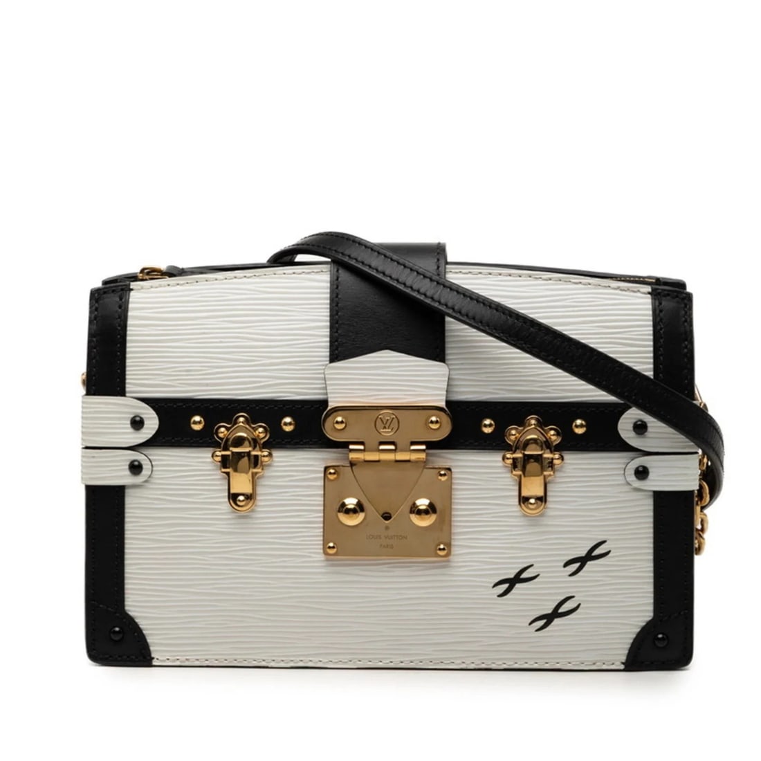 LOUIS VUITTON EPI TRUNK CLUTCH CHAIN SHOULDER BAG: Louis Vuitton Epi Trunk Clutch Chain Shoulder Bag Brand: Louis Vuitton Type/Style: Shoulder bag Material: Leather Color: Black, White Size: (HxWxD) 15cm x 22.5cm x 6.5cm / 5.9inch x 8.85inch x