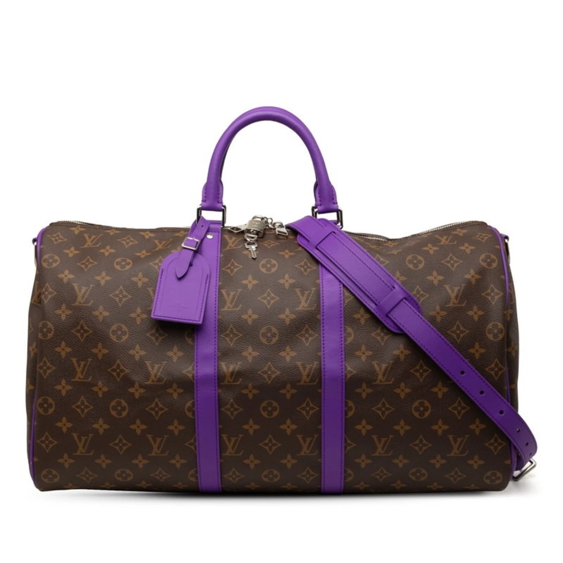 LOUIS VUITTON MONOGRAM MACASSAR KEEPALL BANDOULIERE: Louis Vuitton Monogram Macassar Keepall Bandouliere Brand: Louis Vuitton Type/Style: Boston bag, Shoulder bag Material: PVC , Leather Color: Purple Size: (HxWxD) 30cm x 51cm x 22cm / 11.81inch x