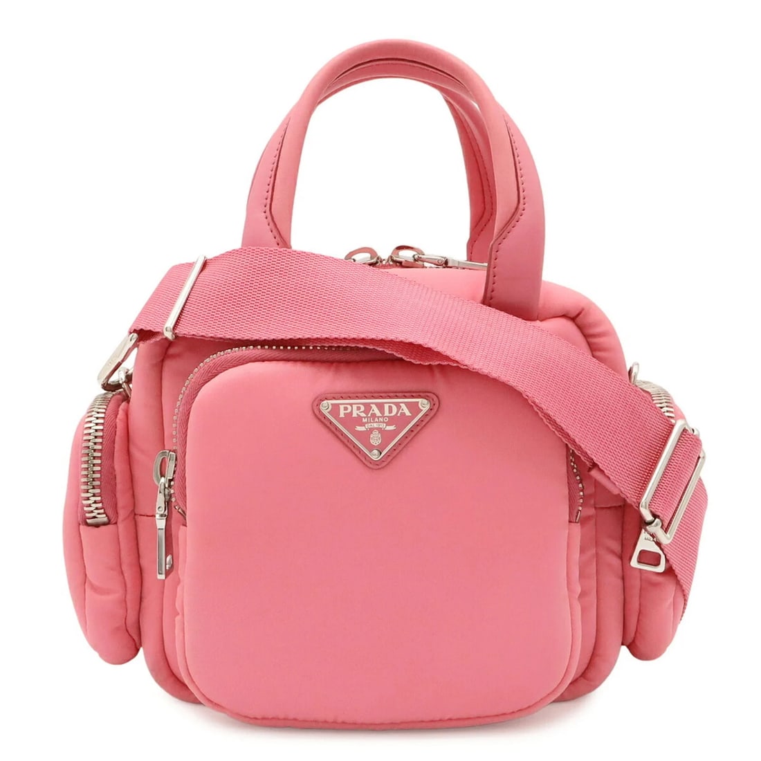 PRADA TRIANGLE HANDBAG/SHOULDER BAG: PRADA Triangle Handbag/Shoulder Bag Brand: Prada Type/Style: Handbag, Shoulder bag Material: Nylon , Leather Color: Begonia, Pink Size: (HxWxD) 18cm x 25cm x 11cm / 7.08inch x 9.84inch x 4.33inch