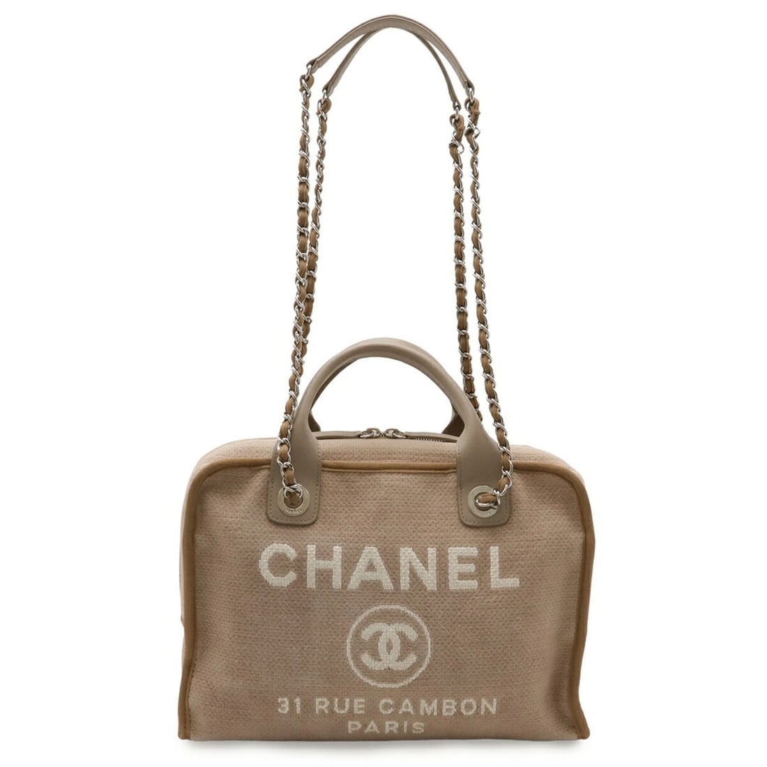 CHANEL DEAUVILLE BOWLING BAG, HANDBAG, CHAIN SHOULDER BAG: CHANEL Deauville Bowling Bag, Handbag, Chain Shoulder bag Brand: Chanel Type/Style: Handbag, Shoulder bag Material: Canvas , Leather Color: Beige, Brown, Grayish Size: (HxWxD) 22.5cm x 32.5cm x 13cm /