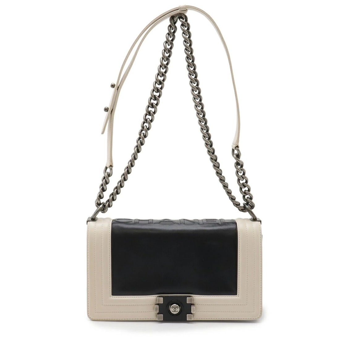 CHANEL MARK CHAIN SHOULDER BAG, LEATHER, BLACK: CHANEL Mark Chain Shoulder Bag, Leather, Black Brand: Chanel Type/Style: Shoulder bag Material: Leather Color: Black, Ivory Size: (HxWxD) 15cm x 25cm x 7cm / 5.9inch x 9.84inch x 2.75inch