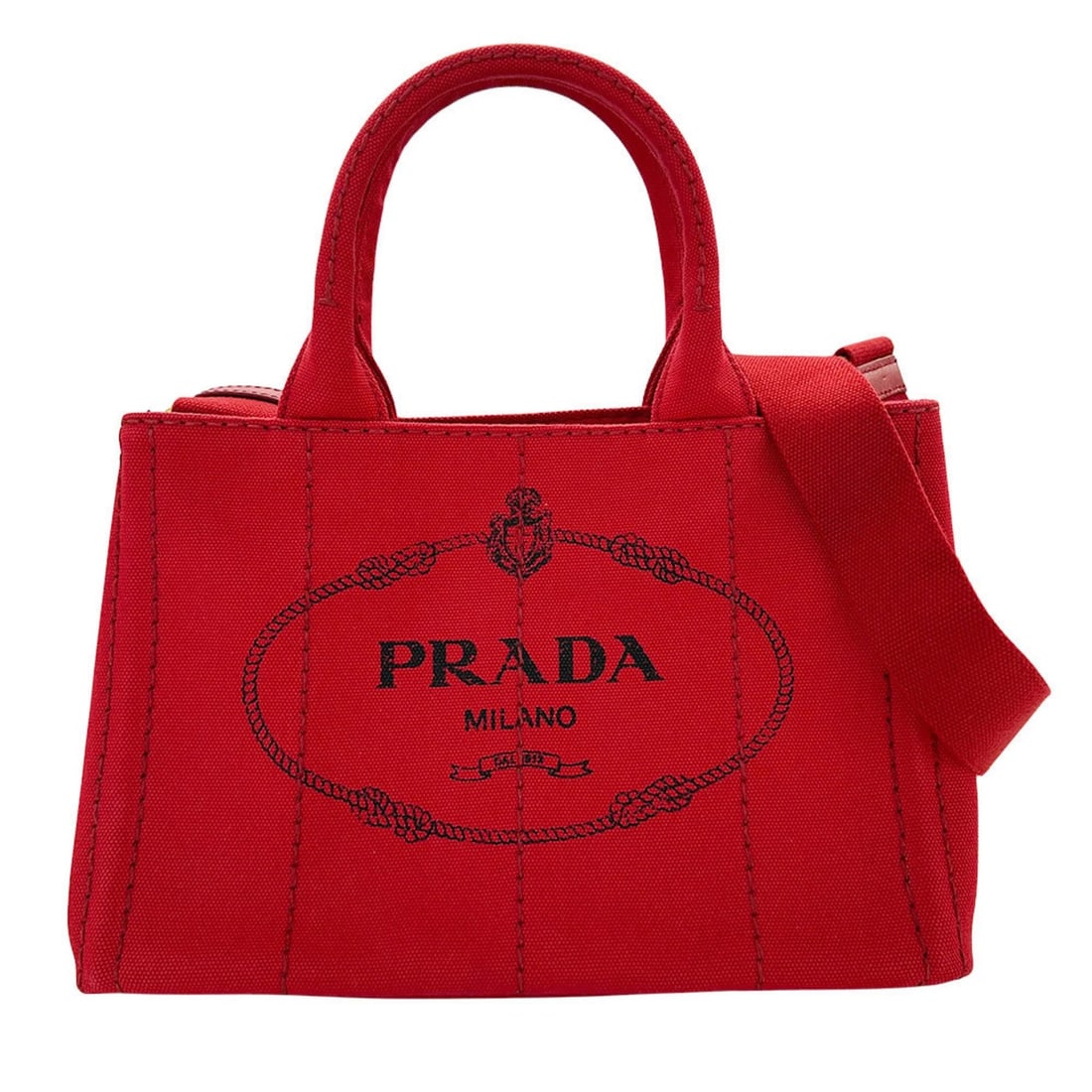 PRADA CANAPA CANVAS HANDBAG: Prada Canapa Canvas Handbag Brand: Prada Type/Style: Handbag, Shoulder bag Material: Canvas Color: Red color Size: (HxWxD) 18.5cm x 28cm x 16cm / 7.28inch x 11.02inch x 6.29inch Accessories: None