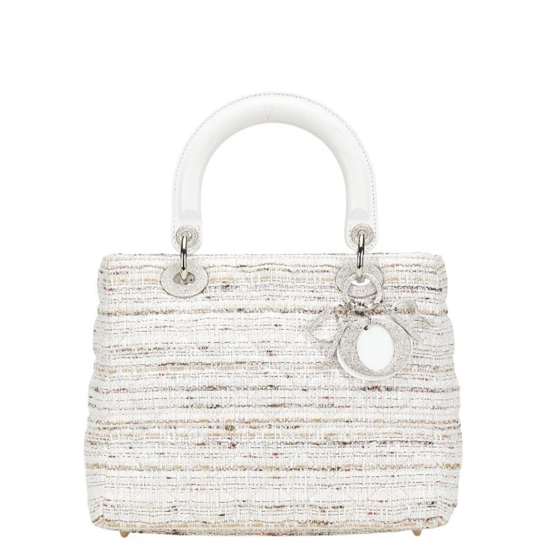 CHRISTIAN DIOR DIOR LADY CANAGE TWEED HANDBAG: Christian Dior Dior Lady Canage Tweed Handbag Brand: Christian Dior Type/Style: Handbag Material: Canvas , Leather Color: Multi-color, White Size: (HxWxD) 19cm x 24cm x 10.5cm / 7.48inch x 9.44inch x
