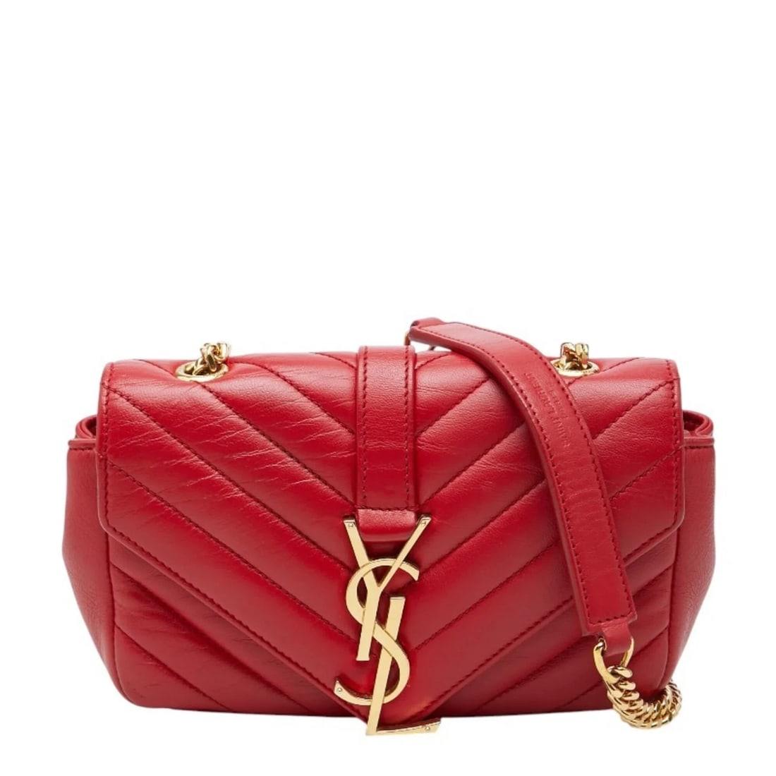 SAINT LAURENT YSL LOGO BABY CHAI CROSSBODY CHAIN SHOULDER BAG: Saint Laurent YSL Logo Baby Chai Crossbody Chain Shoulder Bag Brand: Saint Laurent Type/Style: Shoulder bag Material: Leather Color: Gold, Red color Size: (HxWxD) 11cm x 16cm x 4.5cm / 4.33inch x 6.29