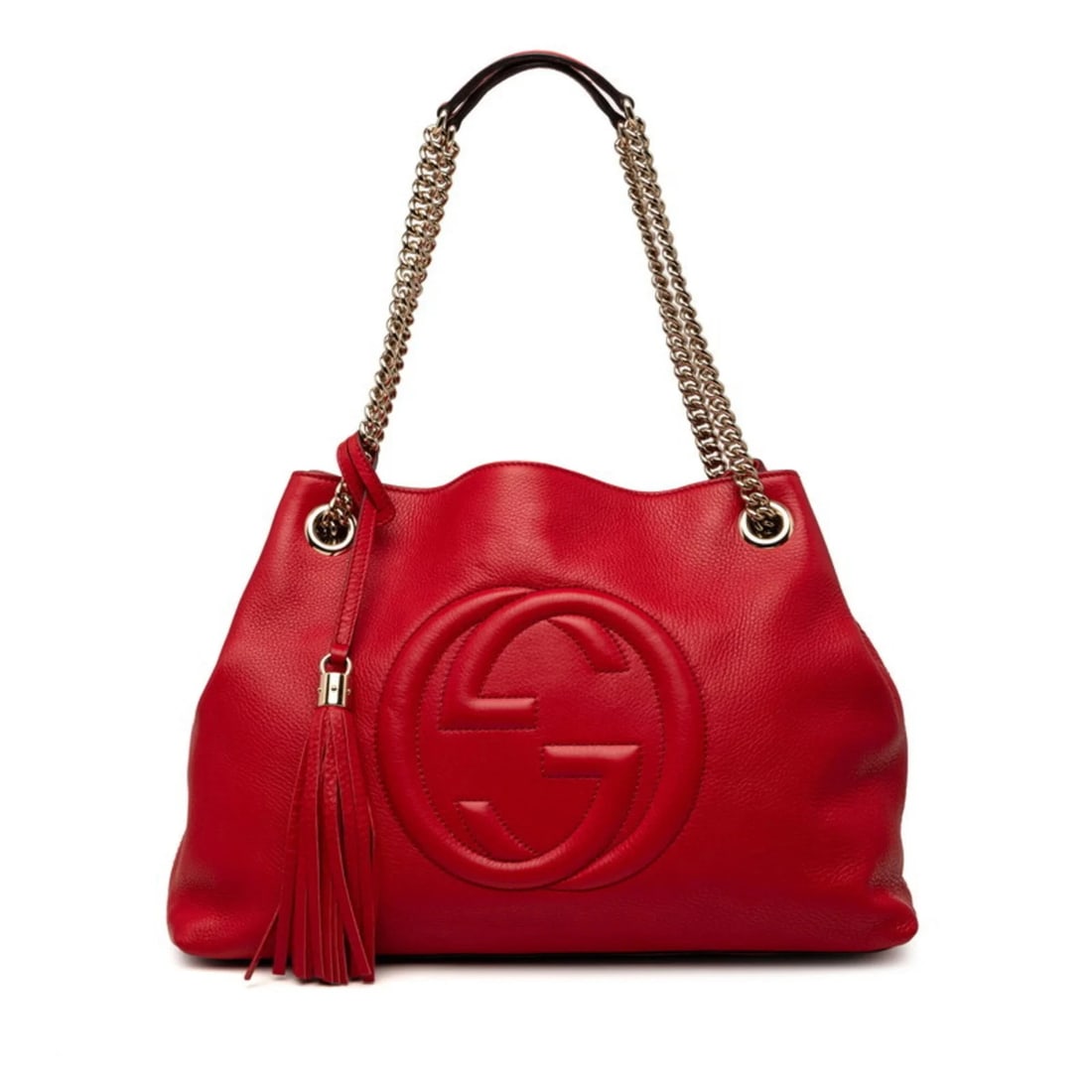 GUCCI SOHO FRINGE CHAIN SHOULDER BAG TOTE RED LEATHER: Gucci Soho Fringe Chain Shoulder Bag Tote Red Leather Brand: Gucci Type/Style: Shoulder bag, Tote bag Material: Leather Color: Red color Size: (HxWxD) 26cm x 38cm x 14cm / 10.23inch x 14.96inch x 5.51