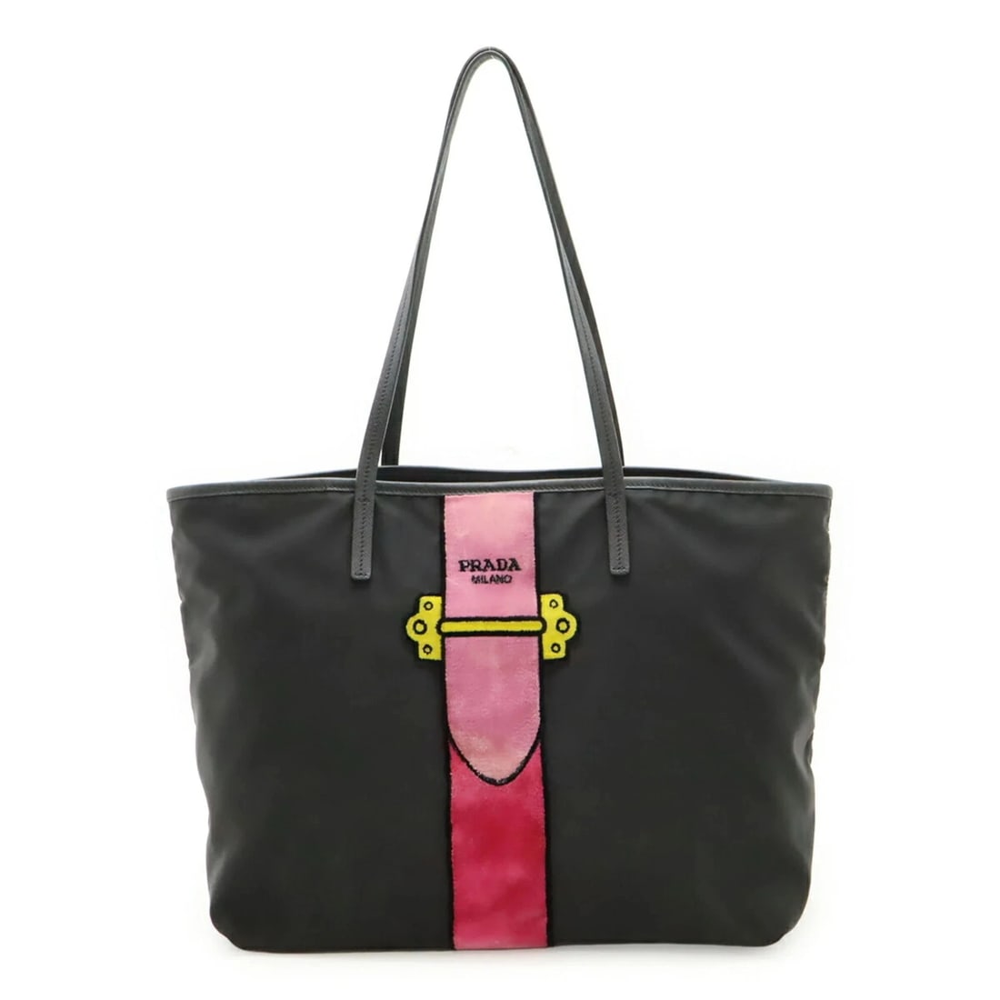 PRADA VELOUR BELT MOTIF TOTE BAG SHOULDER NYLON LEATHER: PRADA Velour Belt Motif Tote Bag Shoulder Nylon Leather Brand: Prada Type/Style: Shoulder bag, Tote bag Material: Nylon , Leather Color: Black, Pink Size: (HxWxD) 30cm x 34cm x 12cm / 11.81inch x