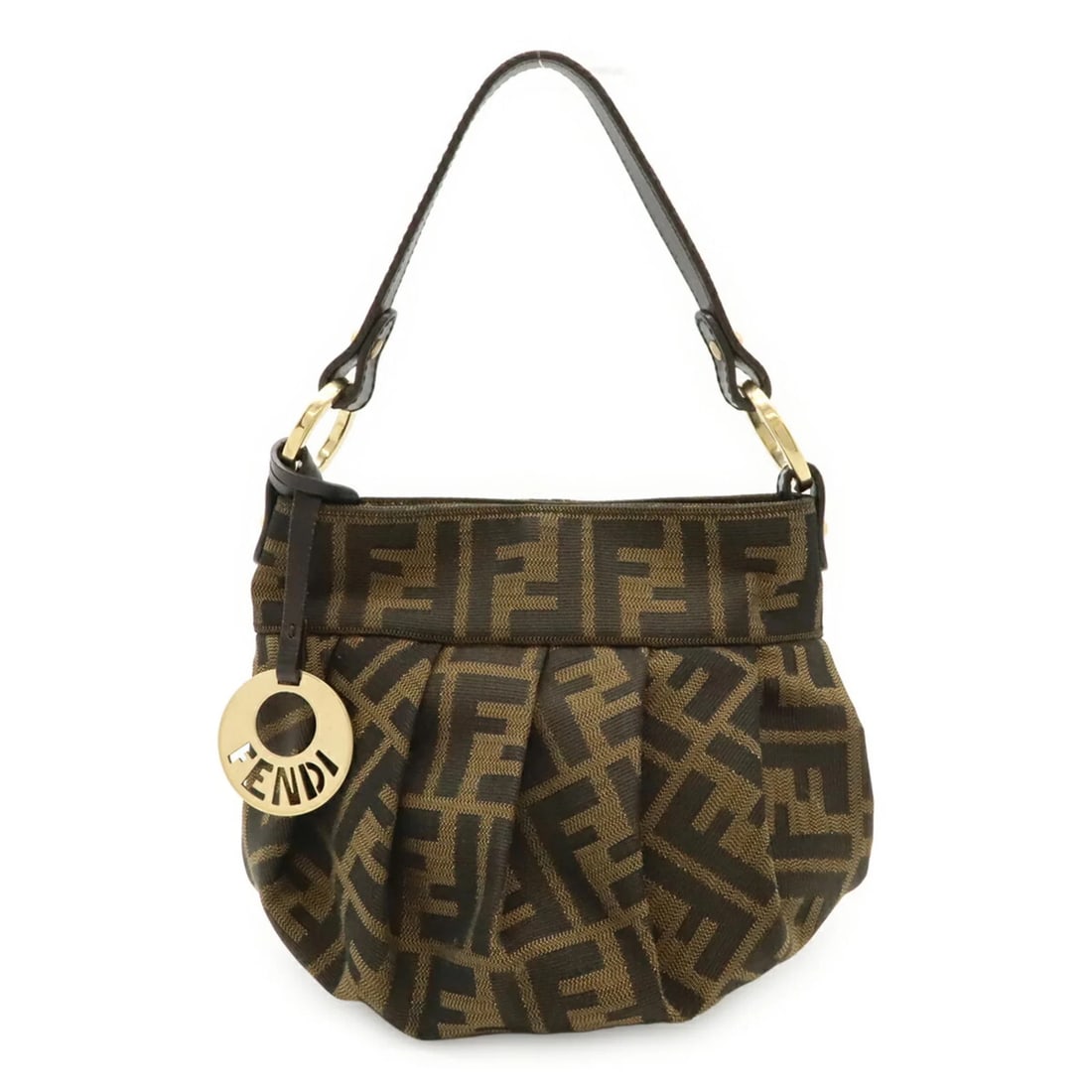 FENDI ZUCCA PATTERN FF MOTIF HANDBAG, CANVAS AND LEATHER: FENDI Zucca pattern FF motif handbag, canvas and leather Brand: Fendi Type/Style: Handbag Material: Canvas , Leather Color: Black, Brown Size: (HxWxD) 15cm x 19cm x 13cm / 5.9inch x 7.48inch x 5.11inc