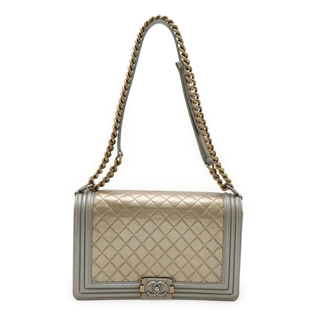 CHANEL BOY CHANEL 28 MATELASSE COCO MARK CHAIN BAG: CHANEL Boy Chanel 28 Matelasse Coco Mark Chain Bag Brand: Chanel Type/Style: Shoulder bag Material: Leather Color: Gold, Gray Size: (HxWxD) 18cm x 28cm x 8cm / 7.08inch x 11.02inch x 3.14'