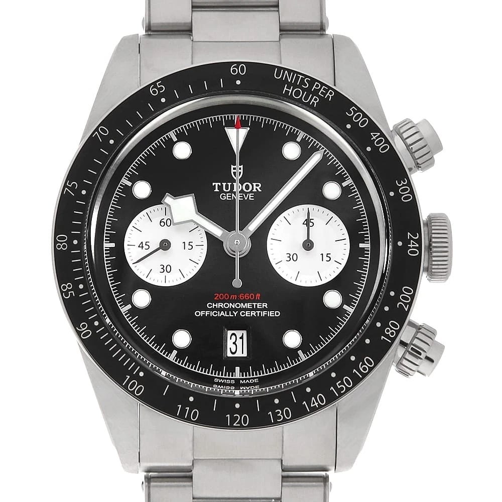TUDOR BLACK CHRONO WATCH: TUDOR Black Chrono Watch Brand: TUDOR Type/Style: Wrist watch Material: Band Material Stainless Steel, Case Material Stainless Steel Color: Dial colour Black Size: Case:W41mm Circumference of