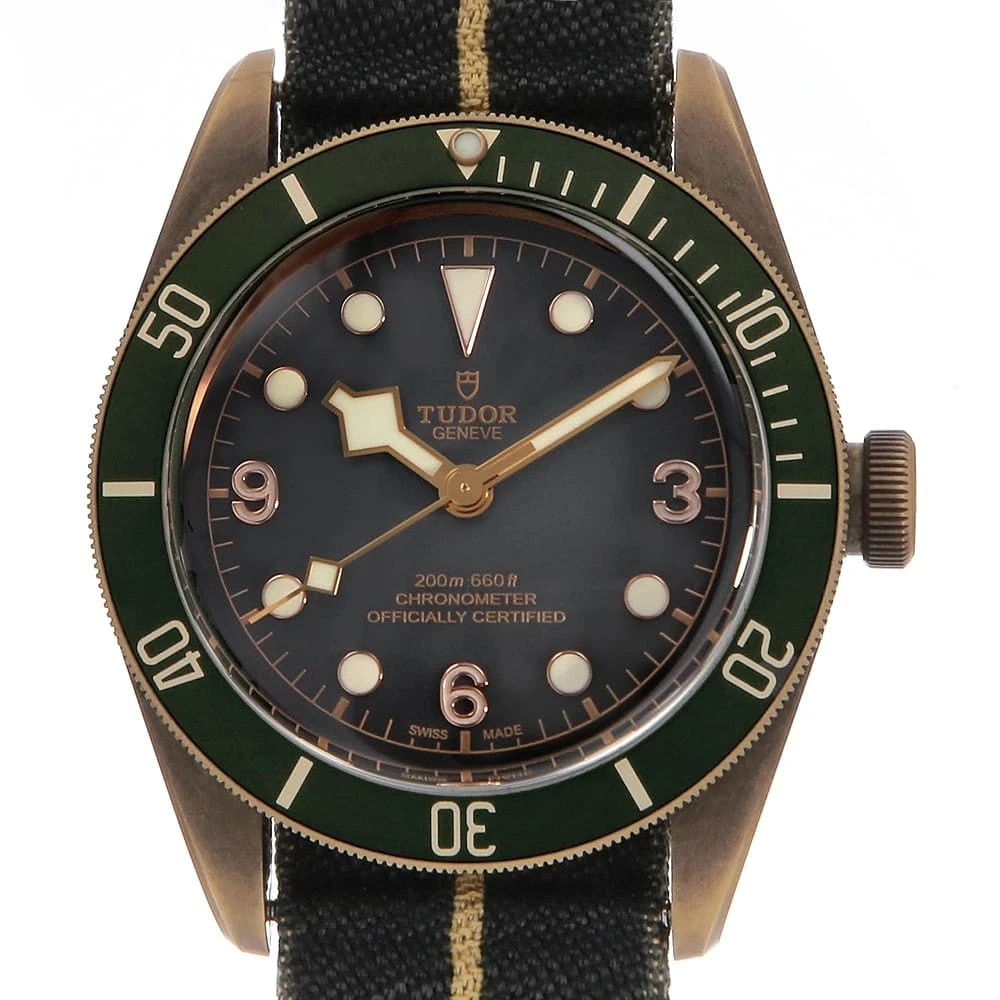 TUDOR BLACK BRONZE WATCH: TUDOR Black bronze Watch Brand: TUDOR Type/Style: Wrist watch Material: Band Material fabric, Case Material Bronze Color: Dial colour Slate Gray Size: Case:W43mm Accessories: None Accessories Notice: