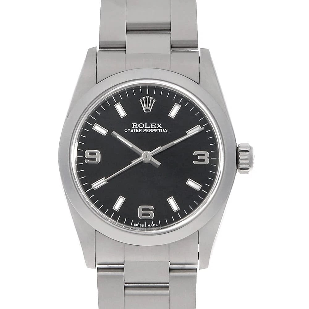 ROLEX OYSTER PERPETUAL BLACK WHITE WATCH: ROLEX Oyster perpetual black white Watch Brand: ROLEX Type/Style: Wrist watch Material: Band Material Stainless Steel, Case Material Stainless Steel Color: Dial colour Black Size: Case:W30mm