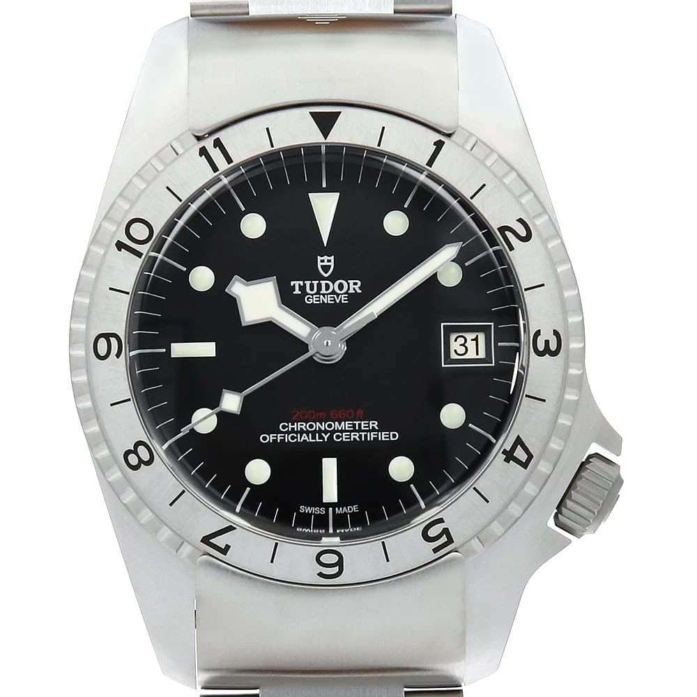 TUDOR BLACK STAINLESS STEEL WATCH: TUDOR Black Stainless Steel Watch Brand: TUDOR Type/Style: Wrist watch Material: Band Material Calfskin, Case Material Stainless Steel Color: Dial colour Black Size: Case:W42mm Accessories: None