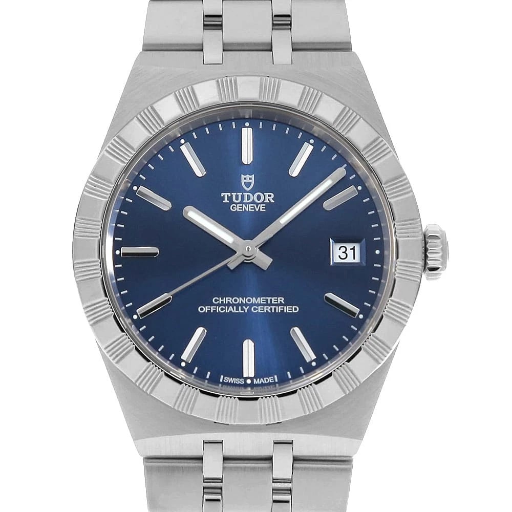 TUDOR ROYAL STAINLESS STEEL WATCH: TUDOR Royal Stainless Steel Watch Brand: TUDOR Type/Style: Wrist watch Material: Band Material Stainless Steel, Case Material Stainless Steel Color: Dial colour Blue Size: Case:W36mm Circumference of