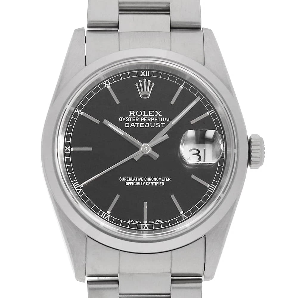ROLEX DATEJUST BLACK WATCH: ROLEX Datejust black Watch Brand: ROLEX Type/Style: Wrist watch Material: Band Material Stainless Steel, Case Material Stainless Steel Color: Dial colour Black Size: Case:W36mm Circumference of