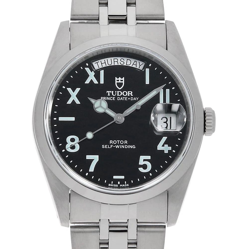 TUDOR PRINCE DATE WATCH: TUDOR Prince Date Watch Brand: TUDOR Type/Style: Wrist watch Material: Band Material Stainless Steel, Case Material Stainless Steel Color: Dial colour Black Size: Case:W36mm Circumference of Wrist:18c