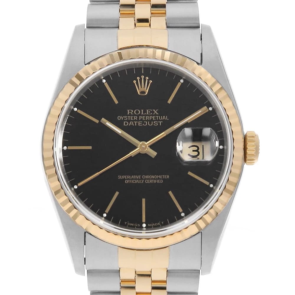ROLEX DATEJUST BLACK WATCH: ROLEX Datejust black Watch Brand: ROLEX Type/Style: Wrist watch Material: Band Material Stainless Steel/Yellow Gold, Case Material Stainless Steel/Yellow Gold Color: Dial colour Black Size: Case:W36mm