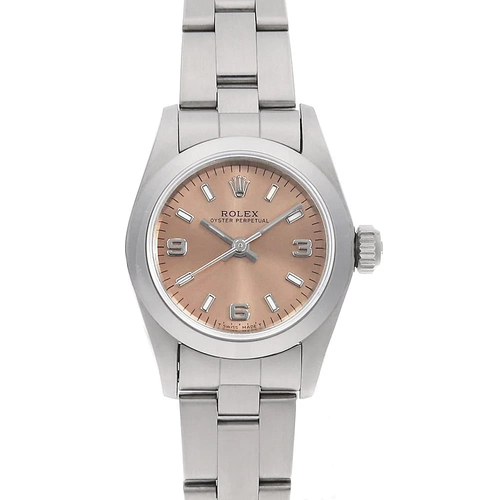 ROLEX OYSTER PERPETUAL PINK WATCH: ROLEX Oyster perpetual pink Watch Brand: ROLEX Type/Style: Wrist watch Material: Band Material Stainless Steel, Case Material Stainless Steel Color: Dial colour Pink Size: Case:W24mm Circumference of