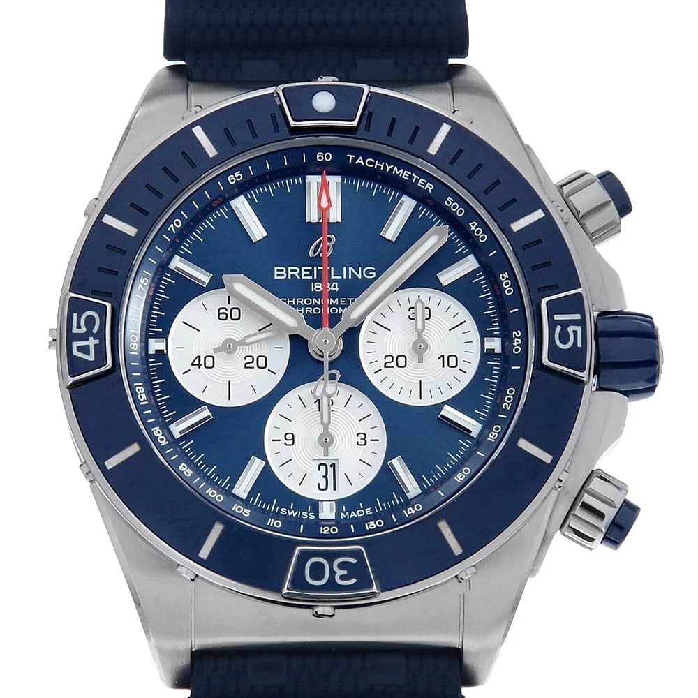 BREITLING SUPER CHRONOMAT WATCH: BREITLING Super Chronomat Watch Brand: BREITLING Type/Style: Wrist watch Material: Band Material rubber, Case Material Stainless Steel Color: Dial colour Blue Size: Case:W44mm Accessories: None