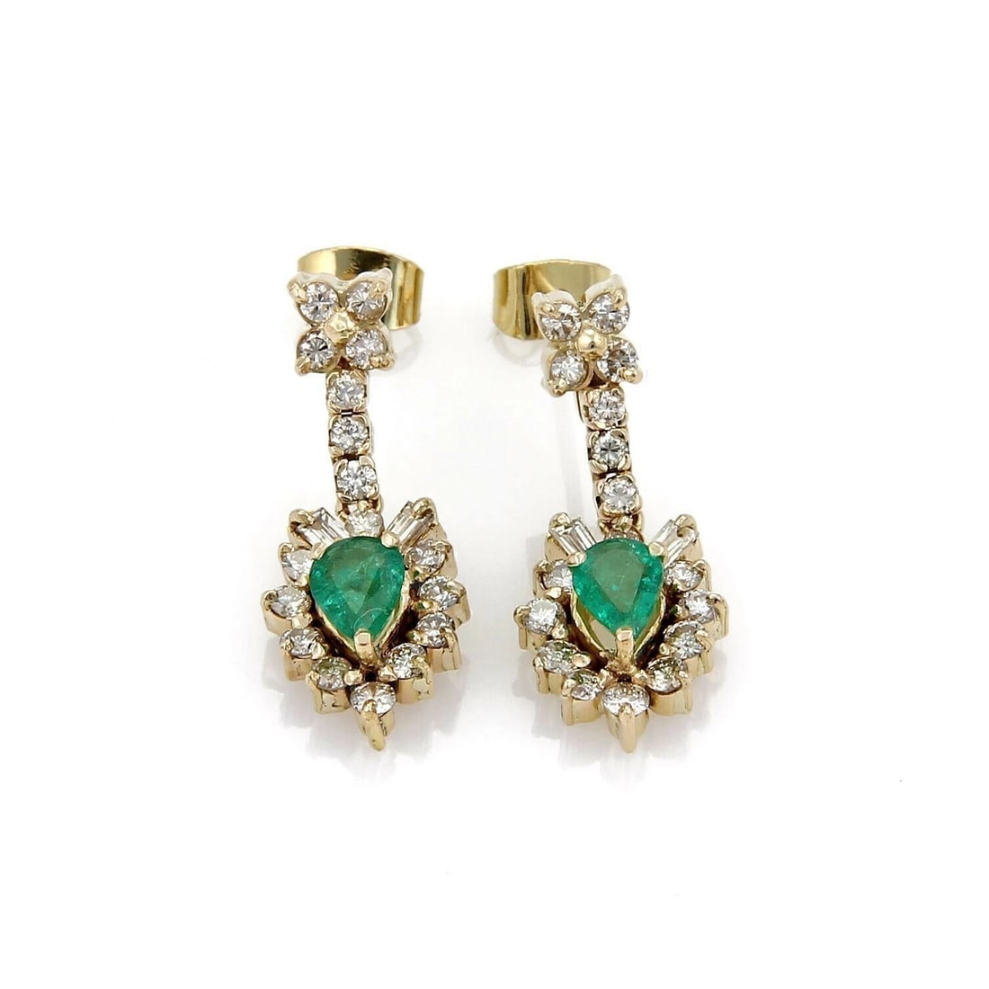 EMERALD DIAMOND 18K YELLOW GOLD FLORAL DANGLE EARRINGS: Emerald Diamond 18k Yellow Gold Floral Dangle Earrings Brand: Unbranded Type/Style: Earring Material: 18k yellow gold Color: yellow Size: Measurements: Approximately 1.07inch long x 0.41inch wide