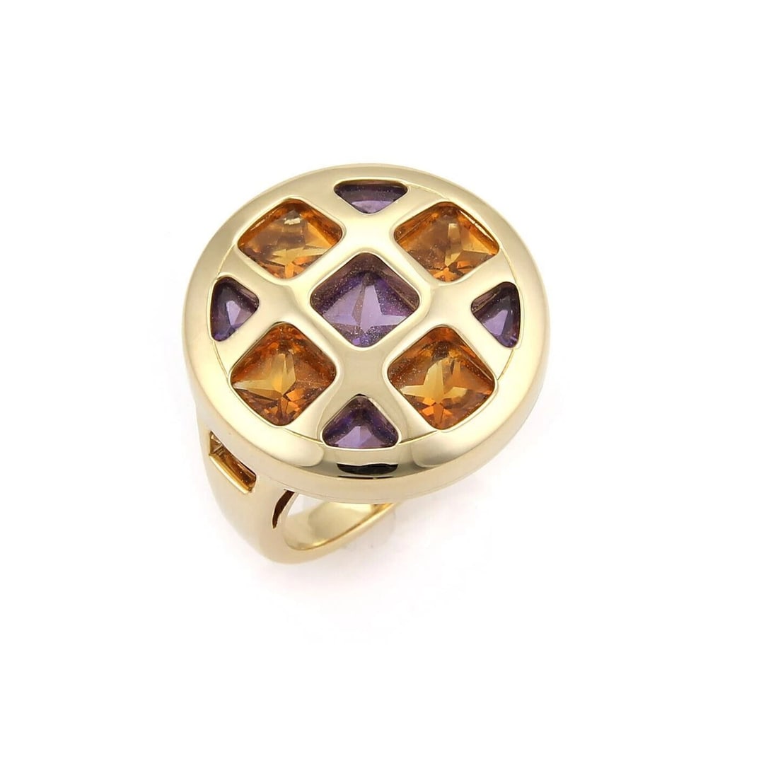 CARTIER PASHA CITRINE & AMETHYST 18K GOLD ROUND RING: Cartier Pasha Citrine & Amethyst 18k Gold Round Ring Brand: Cartier Type/Style: Ring Material: 18k yellow gold Color: yellow Size: 5 US Accessories: None Accessories Notice: When purchasin