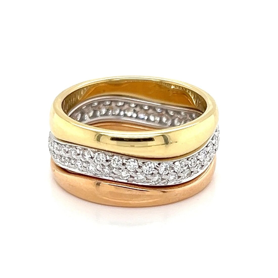 CARTIER LOVE ME PAVE DIAMOND 18K TRI-GOLD THREE BAND RING: Cartier Love Me Pave Diamond 18k Tri-Gold Three Band Ring Brand: Cartier Type/Style: Ring Material: 18k yellow white and rose gold Main Stone Natural Color: yellow, white, and Gold Size: 5 US Acce