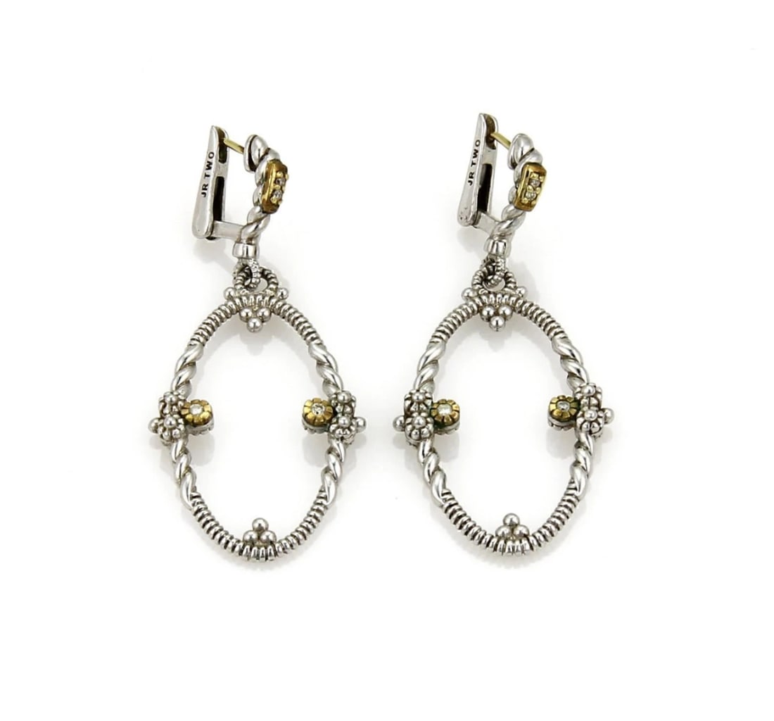 JUDITH RIPKA DIAMOND STERLING SILVER & 18K GOLD EARRINGS: Judith Ripka Diamond Sterling Silver & 18k Gold Earrings Brand: Judith Ripka Type/Style: Earrings Material: sterling silver and 18k yellow gold Color: silver Size: Measurements: Approximately 2inch
