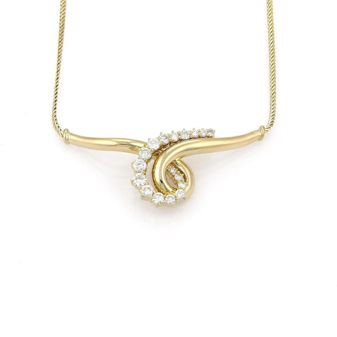 JOSE HESS DIAMOND 18K YELLOW GOLD SCROLL PENDANT NECKLACE: Jose Hess Diamond 18k Yellow Gold Scroll Pendant Necklace Brand: Jose Hess Type/Style: Necklace Material: 18k yellow gold Main Stone Natural Color: Yellow Size: Necklace Length: Approximately