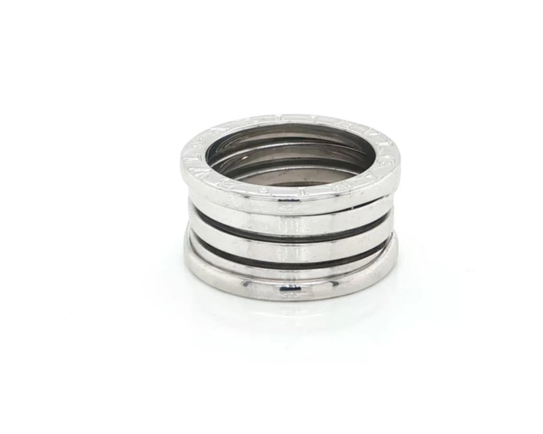 BVLGARI B.ZERO1 FOUR-BAND 18K WHITE GOLD RING: Bvlgari B.zero1 Four-Band 18k White Gold Ring Brand: Bvlgari Type/Style: Ring Material: 18k white gold Color: White Size: 5 US Accessories: None Accessories Notice: When purchasing pre-own