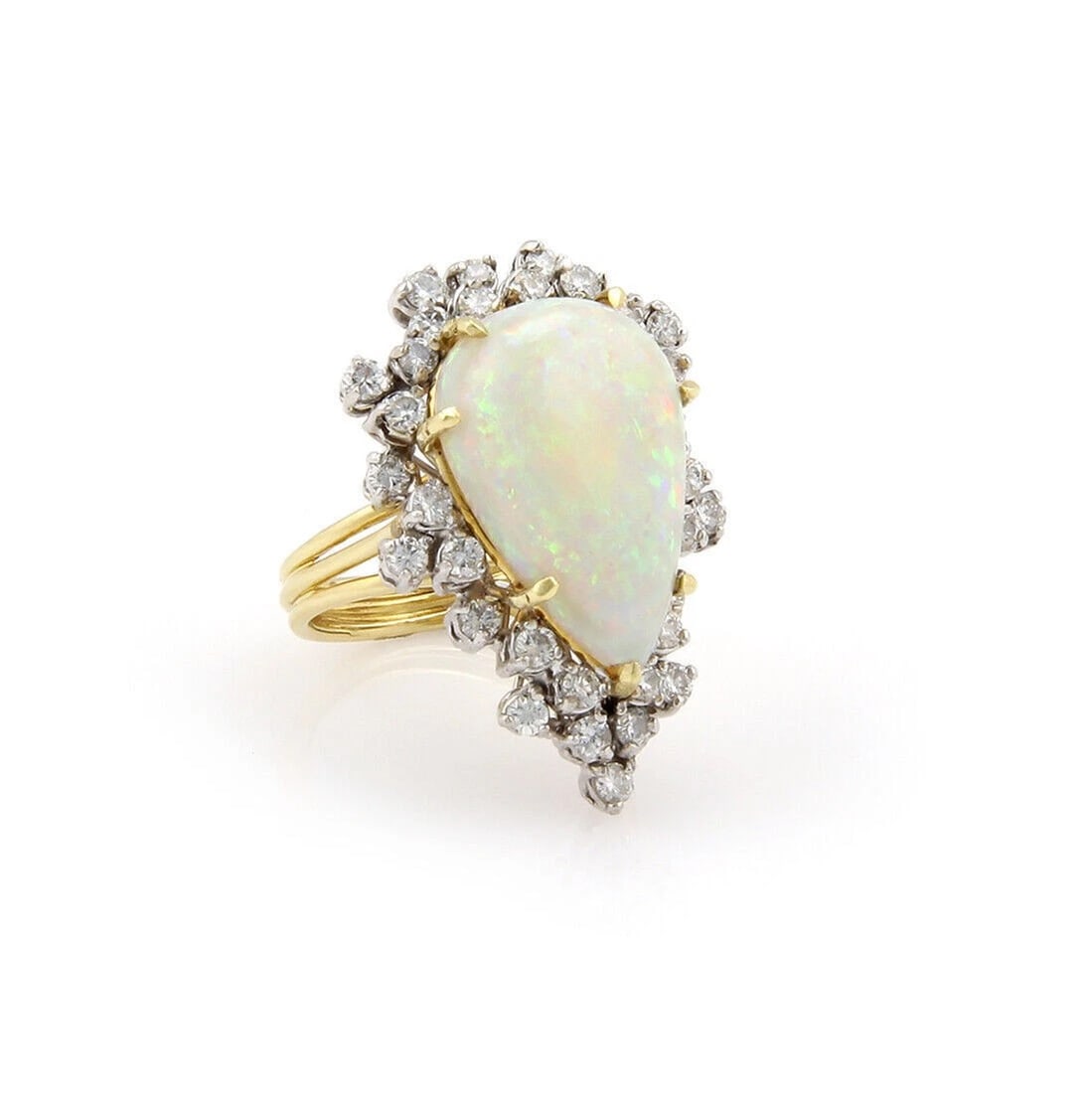 PEAR-SHAPED AUSTRALIAN OPAL DIAMOND RING: Pear-Shaped Australian Opal Diamond Ring Brand: Unbranded Type/Style: Ring Material: 18k yellow and white gold Color: yellow and white Size: 6.5 US Accessories: None Accessories Notice: Wh