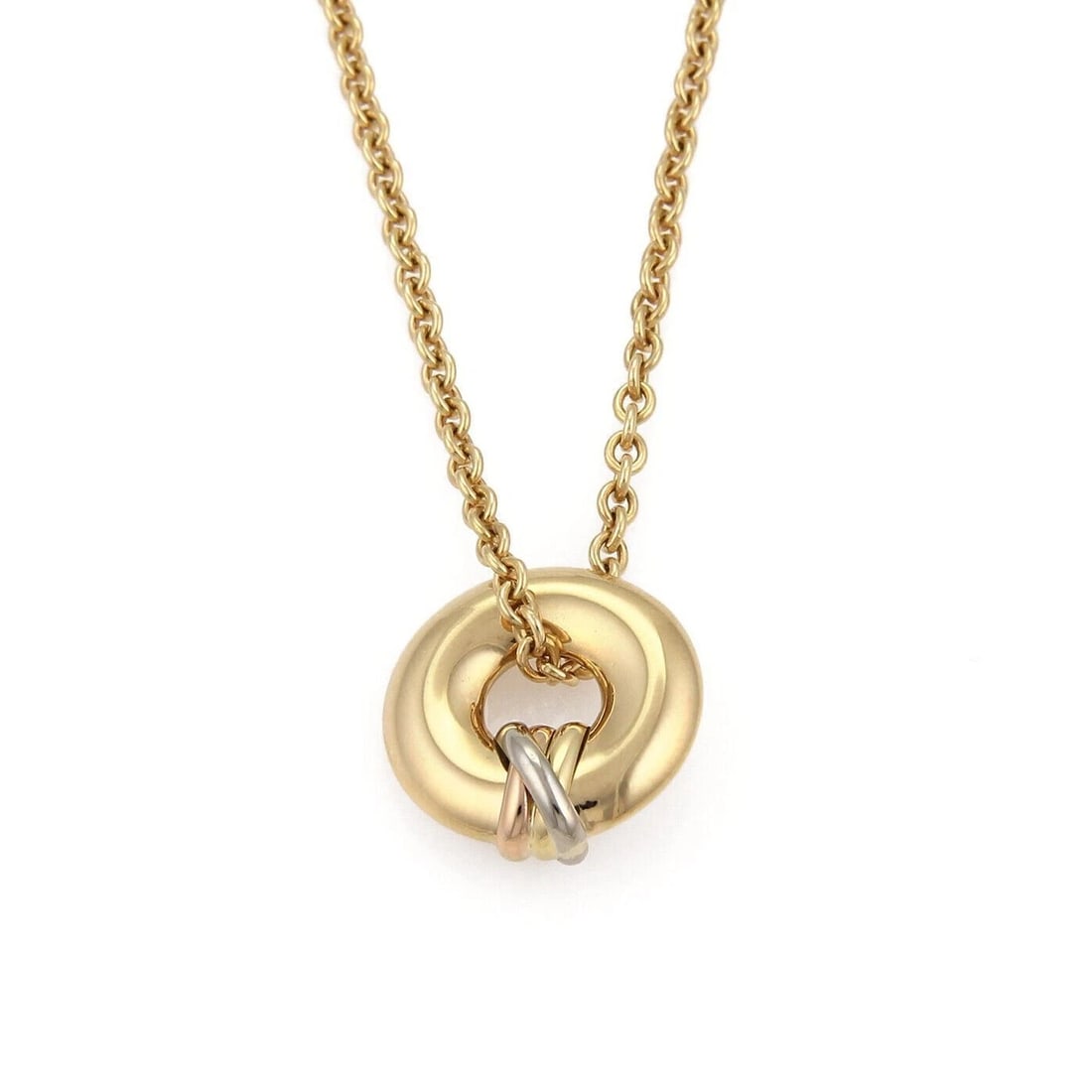 CARTIER TRINITY 18K TRI-COLOR GOLD PENDANT NECKLACE: Cartier Trinity 18k Tri-Color Gold Pendant Necklace Brand: Cartier Type/Style: Necklace Material: 18k yellow rose and white gold Color: yellow, rose, and white Size: Necklace Length: Approximately 16.
