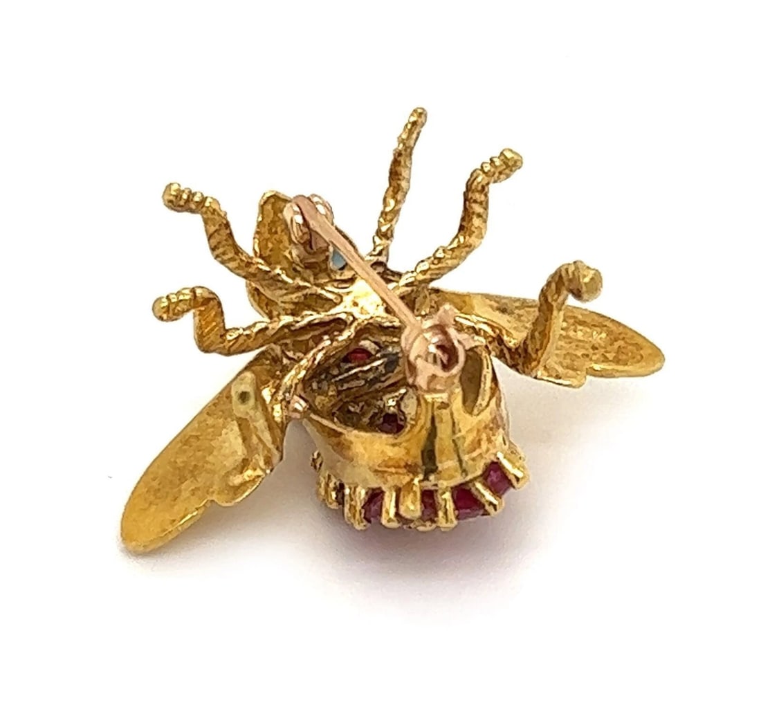 RUBY SAPPHIRE BEE 18K YELLOW GOLD FIGURAL BROOCH - 4