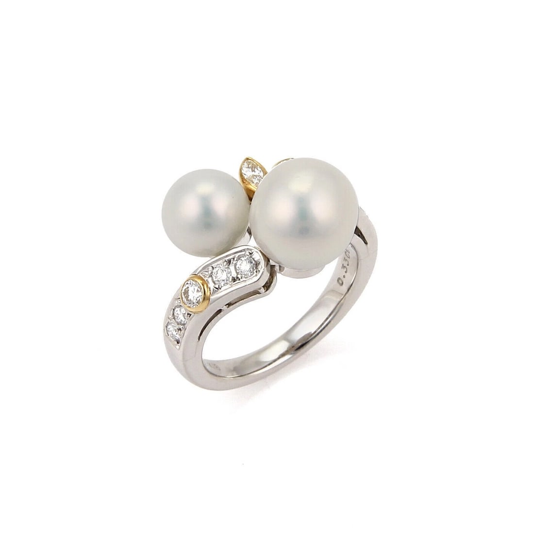 MIKIMOTO DIAMOND AKOYA PEARL PLATINUM & 18K YELLOW GOLD RING: Mikimoto Diamond Akoya Pearl Platinum & 18k Yellow Gold Ring Brand: Mikimoto Type/Style: Ring Material: Pt950 and 18k yellow gold Color: yellow silver Size: 5 US Accessories: None Accessories Notice: