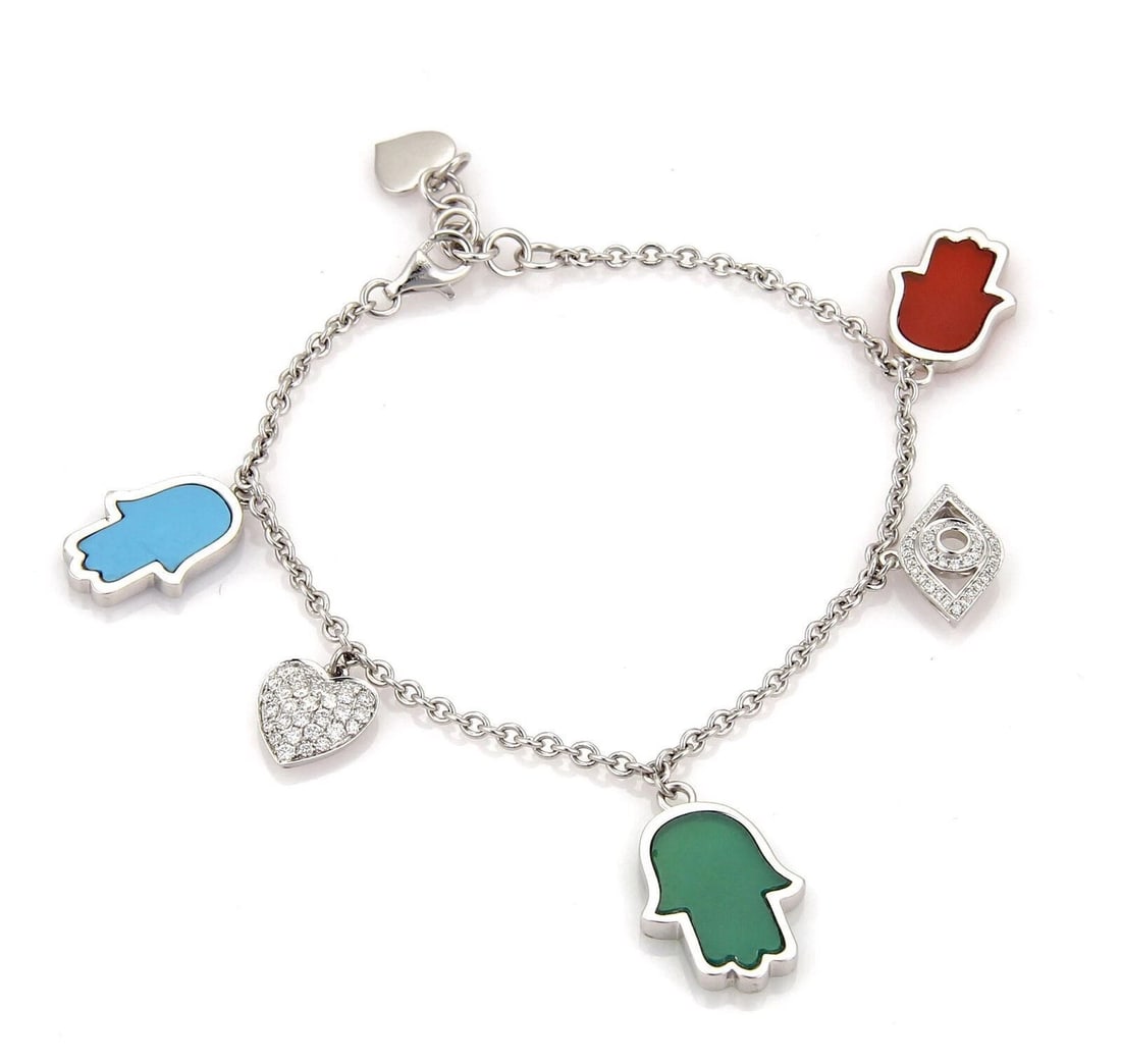 DIAMOND GEMSTONE 18K WHITE GOLD FIVE GOOD CHARM BRACELET: Diamond Gemstone 18k White Gold Five Good Charm Bracelet Brand: Unbranded Type/Style: Bracelet Material: 18k white gold Color: white Size: Measurements: approximately 7inch?8inch Hand charm measuremen