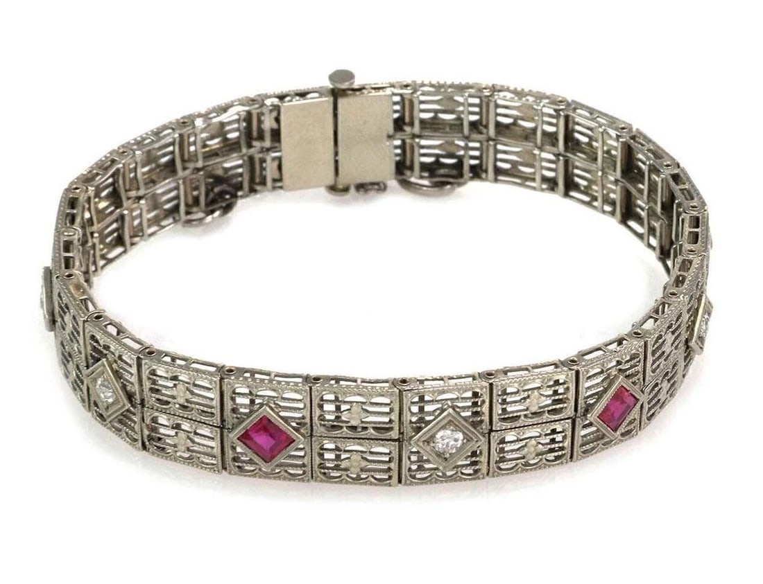 ART DECO DIAMOND RUBY 18K WHITE GOLD BRACELET: Art Deco Diamond Ruby 18k White Gold Bracelet Brand: Unbranded Type/Style: Bracelet Material: 18k white gold Color: white Size: Bracelet Length: Approximately 7inch Measurements: Approximately