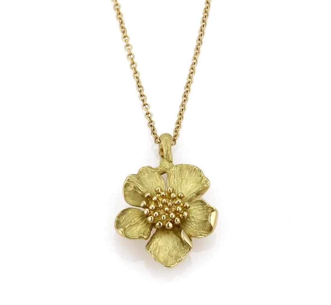 TIFFANY & CO. DOGWOOD 18K YELLOW GOLD PENDANT NECKLACE: Tiffany & Co. Dogwood 18k Yellow Gold Pendant Necklace Brand: Tiffany & Co. Type/Style: Necklace Material: 18k yellow gold Color: Yellow Size: Necklace Length: Approximately 16inch Measurements: