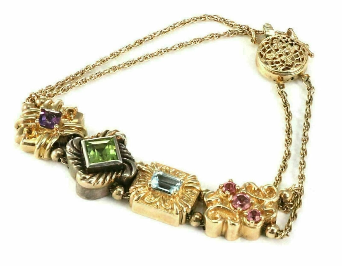 MULTICOLOR GEMSTONE 14K GOLD & STERLING CHAIN BRACELET: Multicolor Gemstone 14k Gold & Sterling Chain Bracelet Brand: Unbranded Type/Style: Bracelet Material: 14k yellow gold and sterling silver Color: yellow Size: Bracelet Length: Approximately 7inch