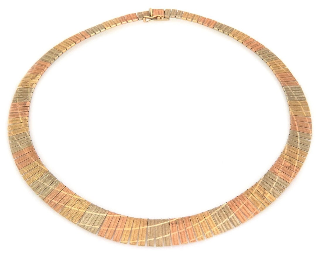 CLEOPATRA 14K TRI-COLOR GOLD GRADUATED COLLAR NECKLACE: Cleopatra 14k Tri-Color Gold Graduated Collar Necklace Brand: Unbranded Type/Style: Necklace Material: 14k rose white and yellow gold Color: rose, white, and yellow Size: Necklace Length: Approximatel
