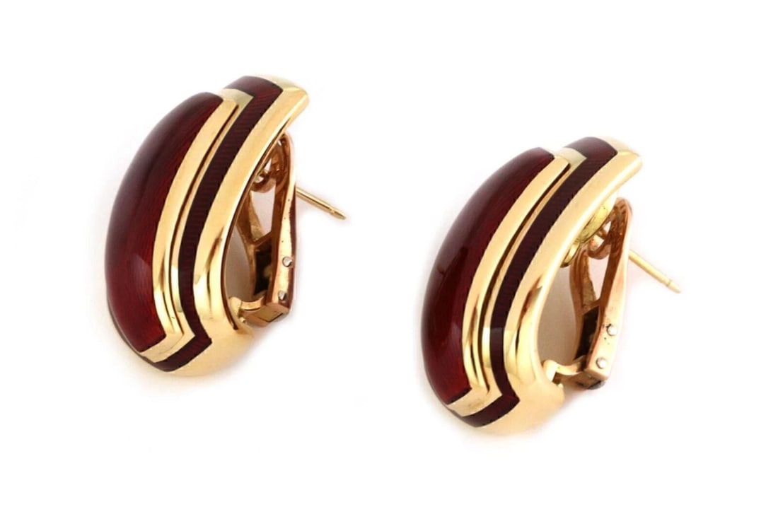 LEO DE VROOMEN RED ENAMEL 18K YELLOW GOLD CLIP-ON EARRINGS: Leo de Vroomen Red Enamel 18k Yellow Gold Clip-On Earrings Brand: Leo De Vroomen Type/Style: Earring Material: 18k yellow gold Color: yellow Size: Measurements: Approximately 33mm long x 25mm