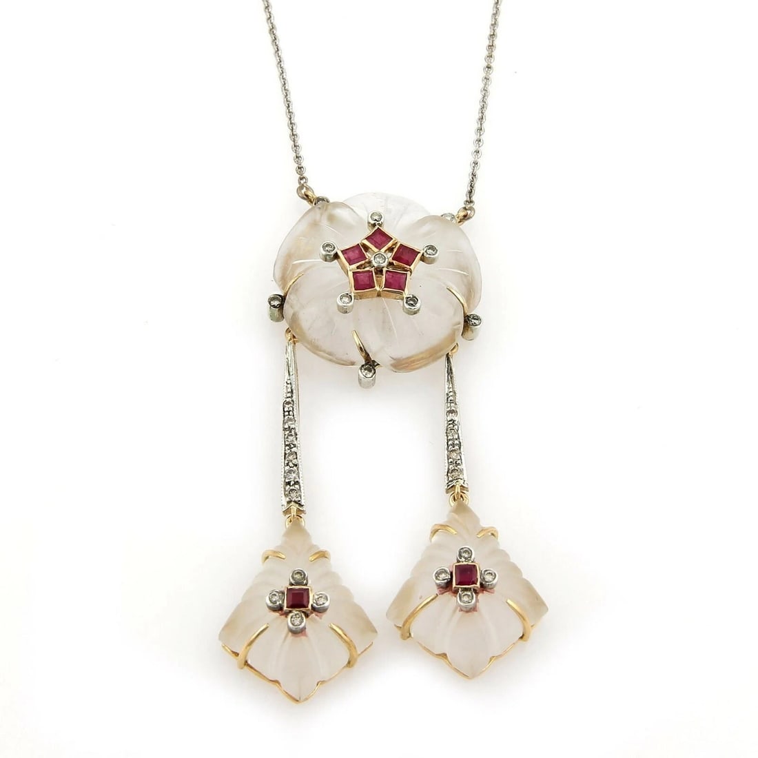 DIAMOND RUBY CAMPHOR GLASS NECKLACE: Diamond Ruby Camphor Glass Necklace Brand: Unbranded Type/Style: Necklace Material: 18k yellow and white gold Color: yellow and white Size: Chain Length: Approximately 17inch Centerpiece Measurements: