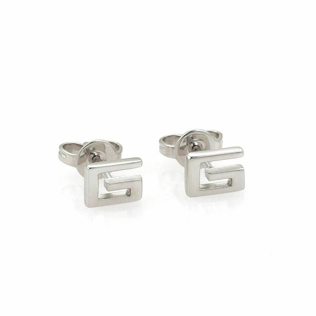 GUCCI G LOGO 18K WHITE GOLD STUD EARRINGS: Gucci G Logo 18k White Gold Stud Earrings Brand: Gucci Type/Style: Earring Material: 18k white gold Color: white Size: Measurements: Approximately 4.7mm tall x 6mm Accessories: None Access