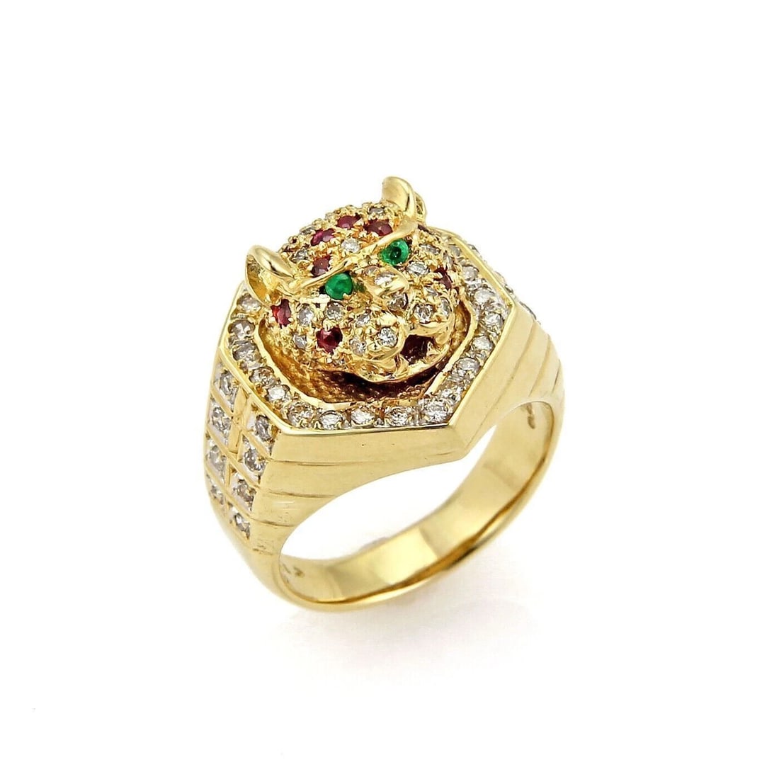 DIAMOND RUBY EMERALD TIGER HEAD 18K YELLOW GOLD RING (1 of 3)
