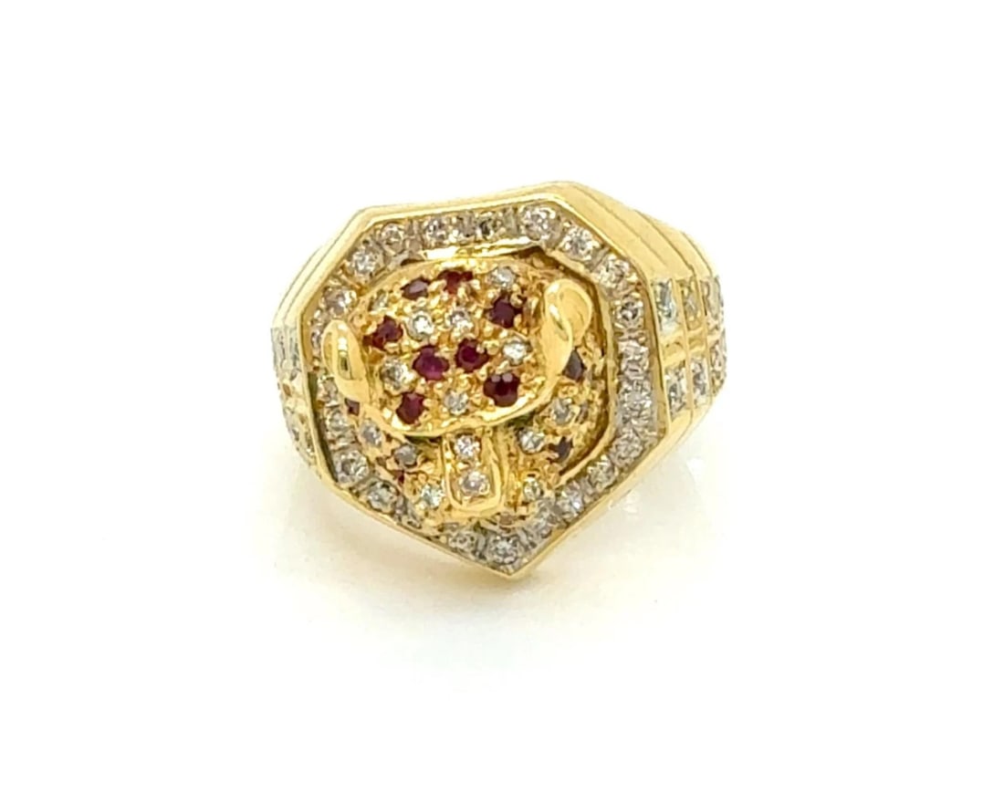 DIAMOND RUBY EMERALD TIGER HEAD 18K YELLOW GOLD RING - 2