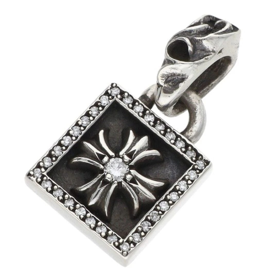 CHROME HEARTS FRAMED AFTER PAVE DIAMOND SILVER NECKLACE TOP: Chrome Hearts Framed After Pave Diamond silver Necklace Top Brand: Chrome Hearts Type/Style: Necklace Material: 925 Silver Color: silver Size: vertical 2.4cm Accessories: None Accessories Notice: